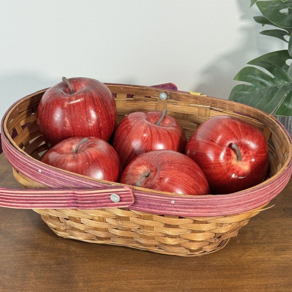 Vintage Woven Basket with Handle & 5 Faux Red Apples
